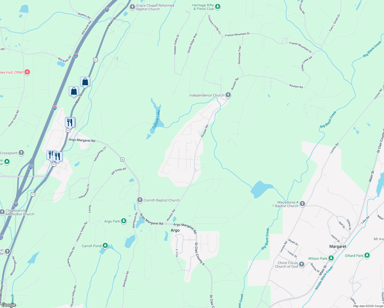 map of restaurants, bars, coffee shops, grocery stores, and more near 725 Roulain Road in Odenville