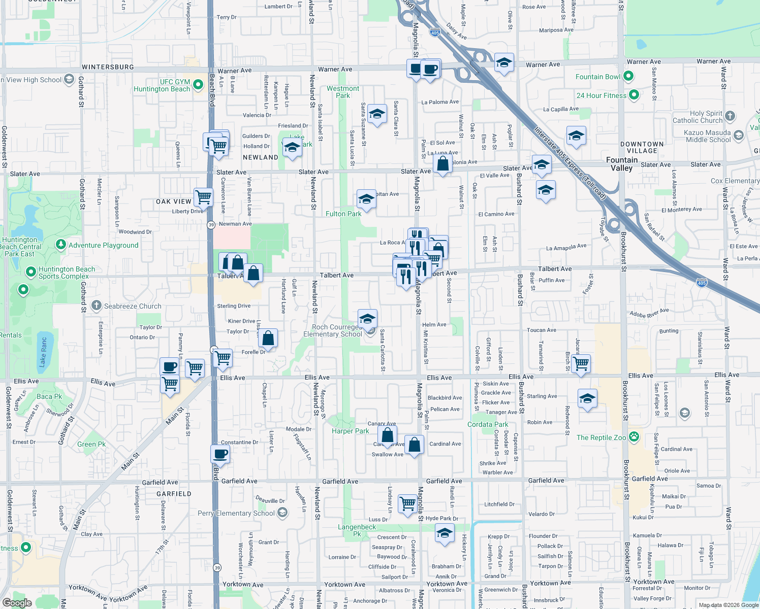 map of restaurants, bars, coffee shops, grocery stores, and more near 18159 Santa Cecilia Circle in Fountain Valley