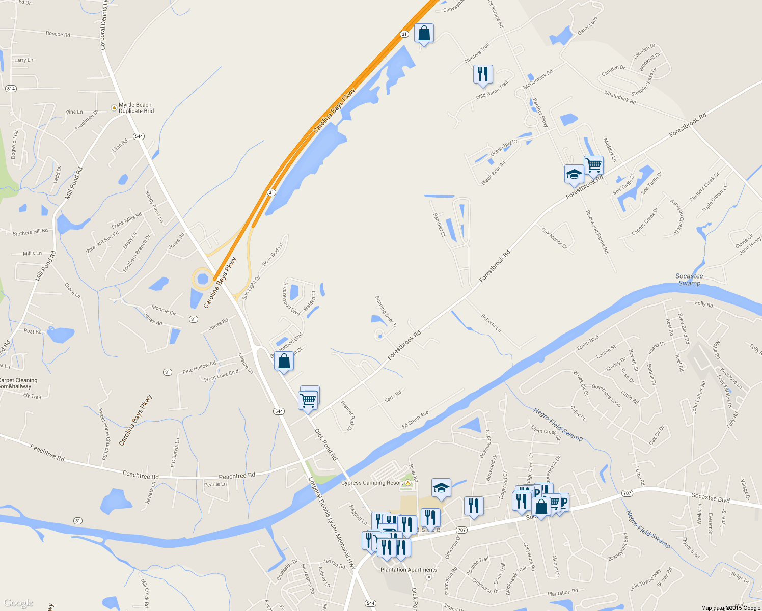 map of restaurants, bars, coffee shops, grocery stores, and more near Bear Claw Court in Myrtle Beach