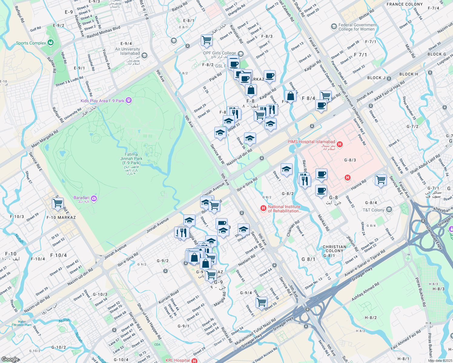 map of restaurants, bars, coffee shops, grocery stores, and more near Street 3 in Islamabad