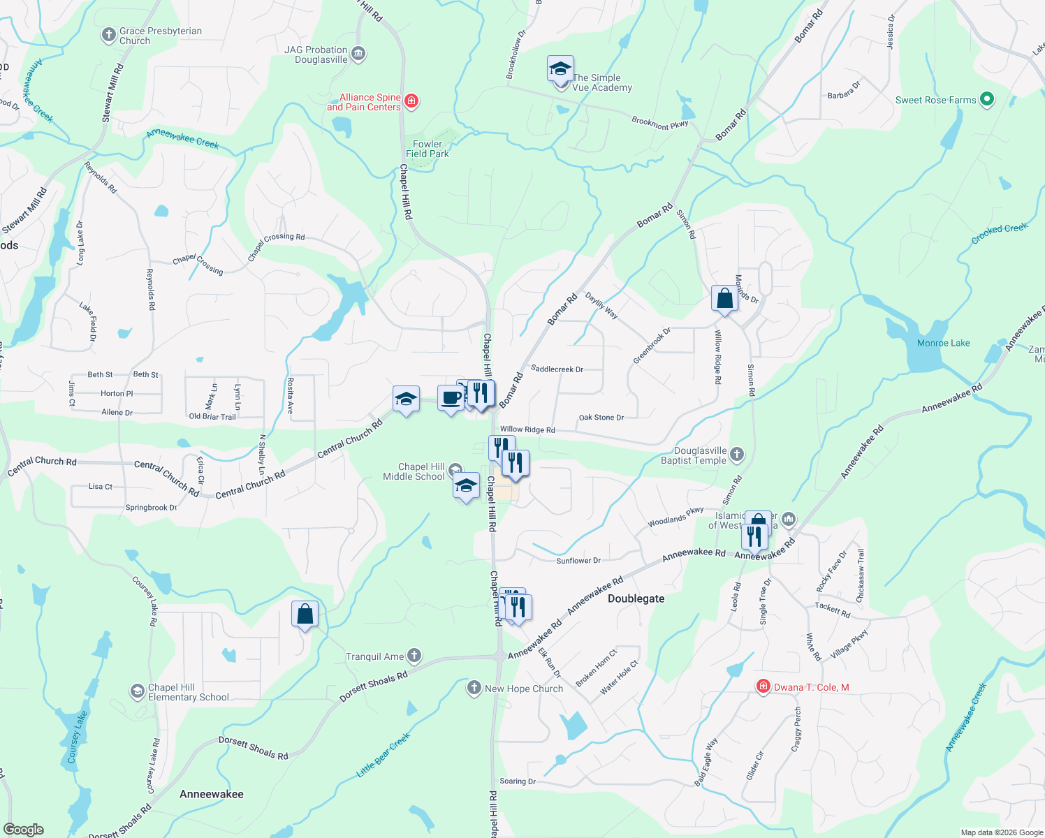 map of restaurants, bars, coffee shops, grocery stores, and more near 3883 Willow Hollow in Douglasville