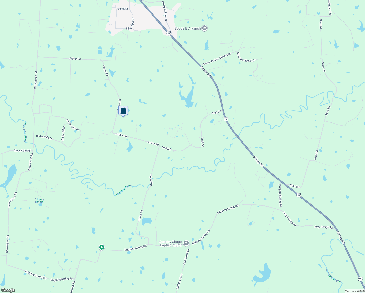 map of restaurants, bars, coffee shops, grocery stores, and more near 785 Trail Road in Denison