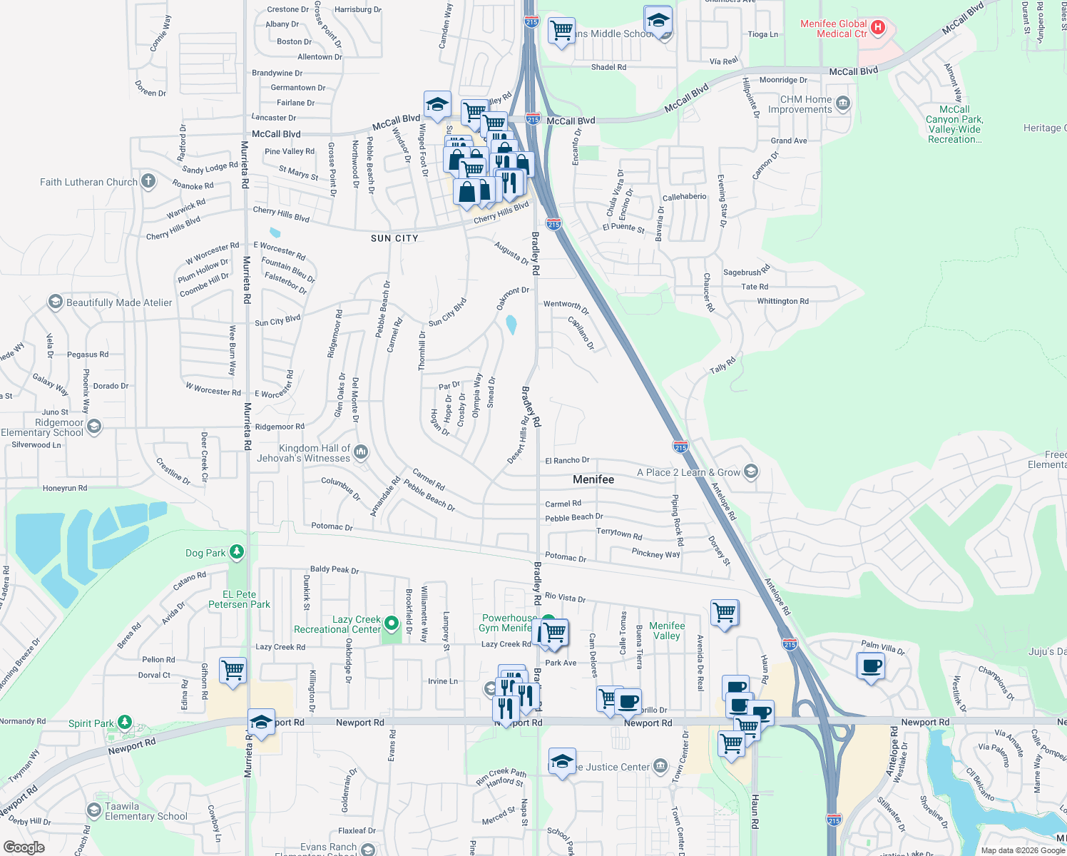 map of restaurants, bars, coffee shops, grocery stores, and more near 29055 Bradley Road in Menifee