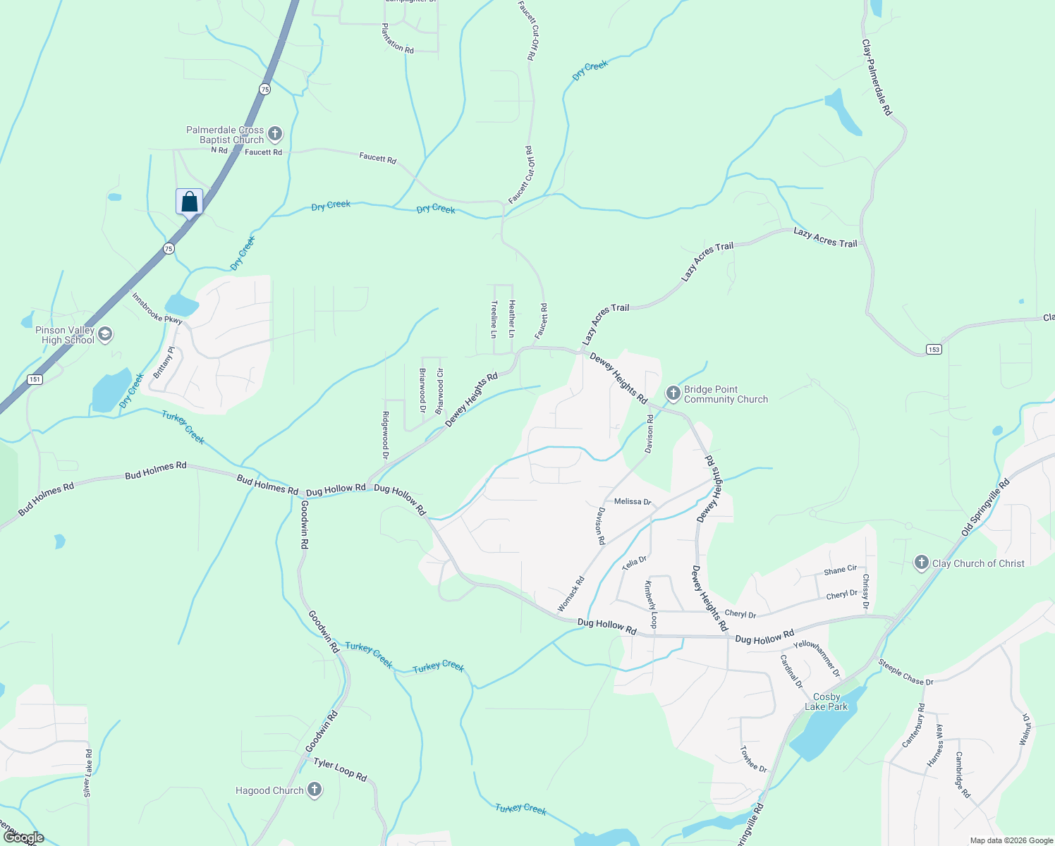 map of restaurants, bars, coffee shops, grocery stores, and more near 5359 Dewey Heights Road in Pinson