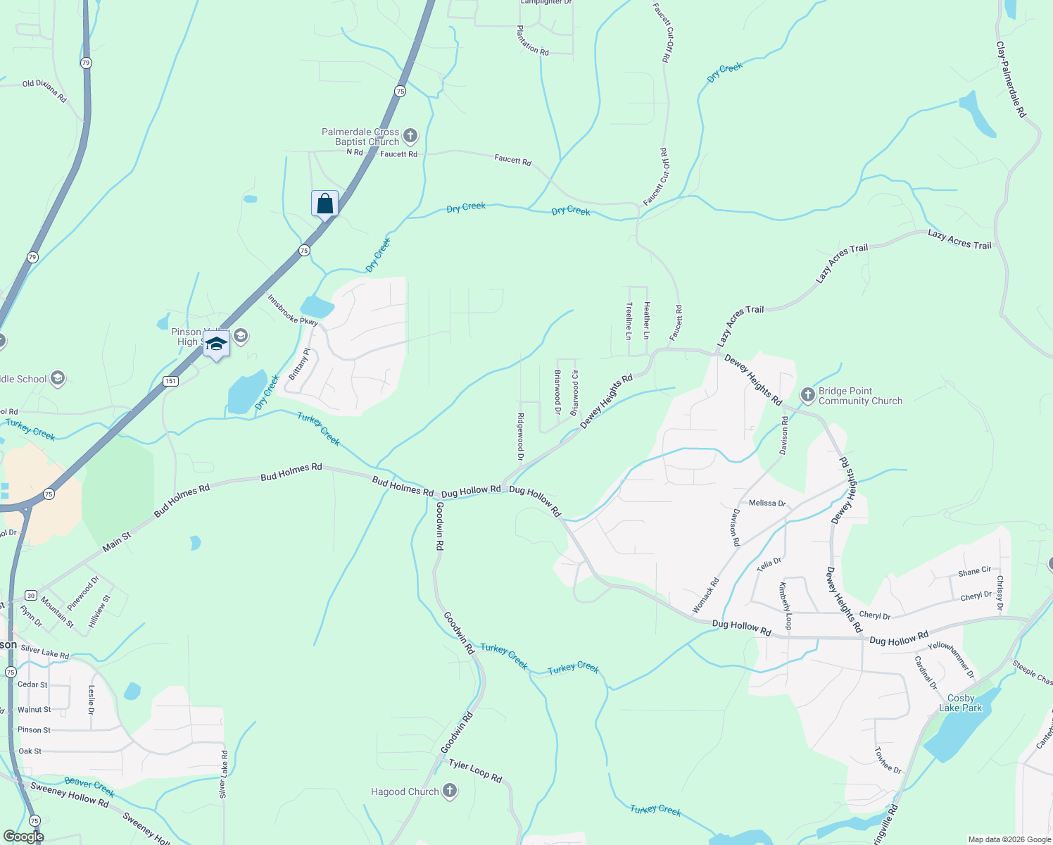 map of restaurants, bars, coffee shops, grocery stores, and more near 6779 Ridgewood Drive in Pinson