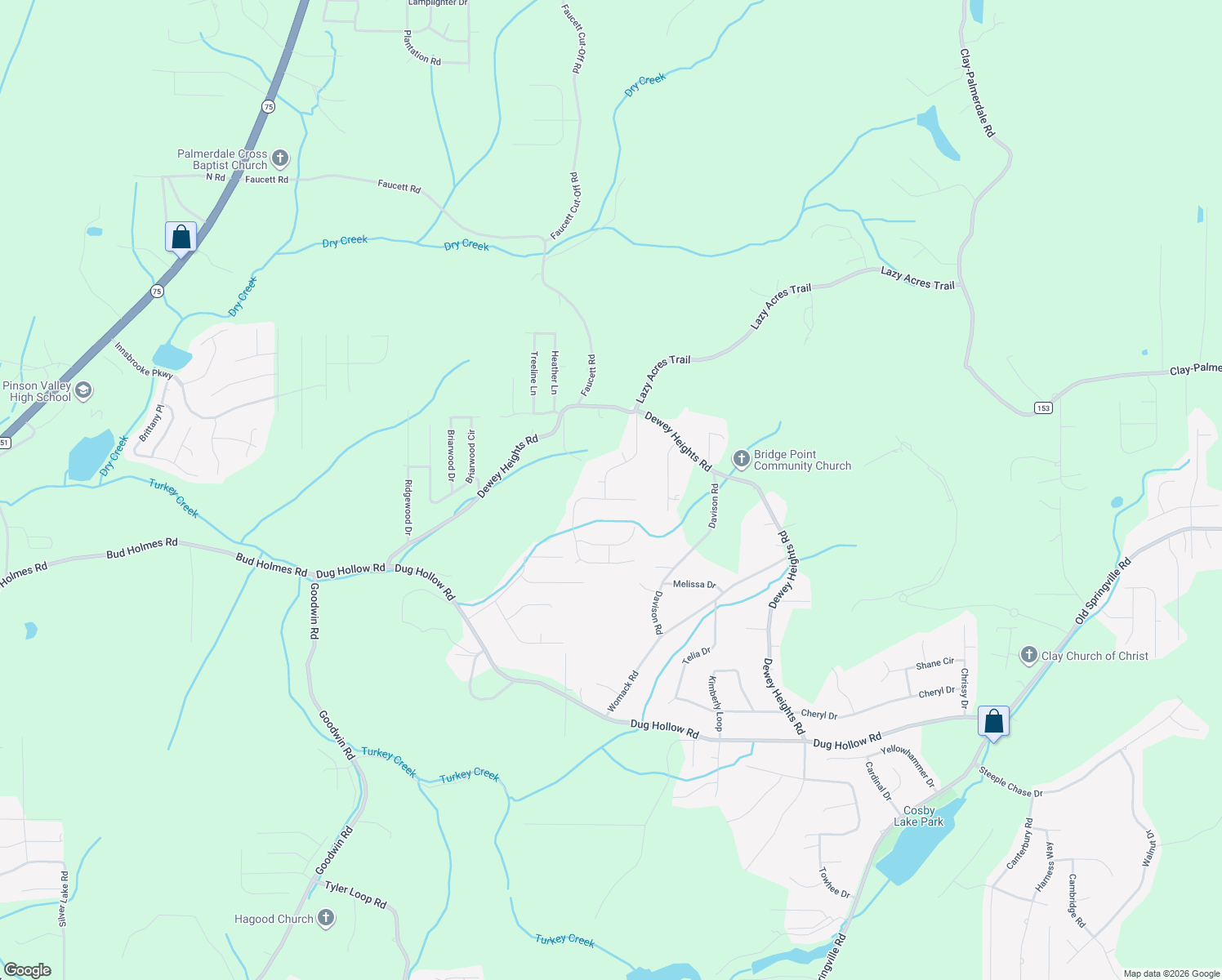 map of restaurants, bars, coffee shops, grocery stores, and more near 6705 Deer Foot Drive in Pinson