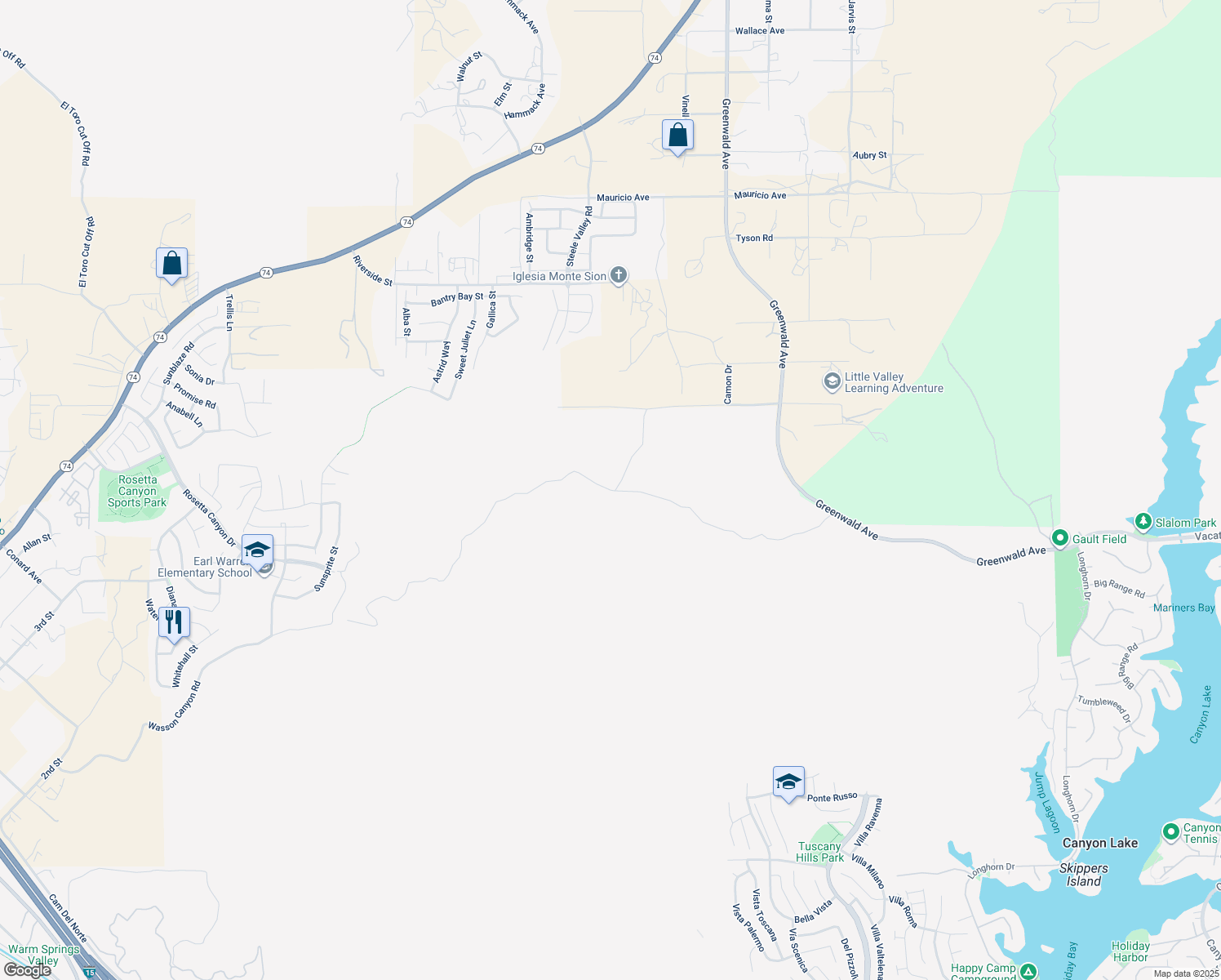 map of restaurants, bars, coffee shops, grocery stores, and more near Marcelli Road in Lake Elsinore
