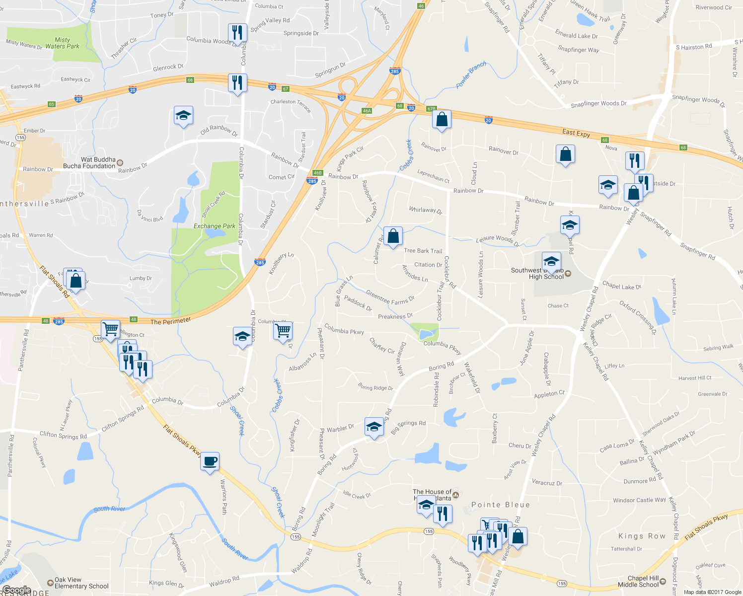map of restaurants, bars, coffee shops, grocery stores, and more near 3645 Greentree Farms Drive in Decatur