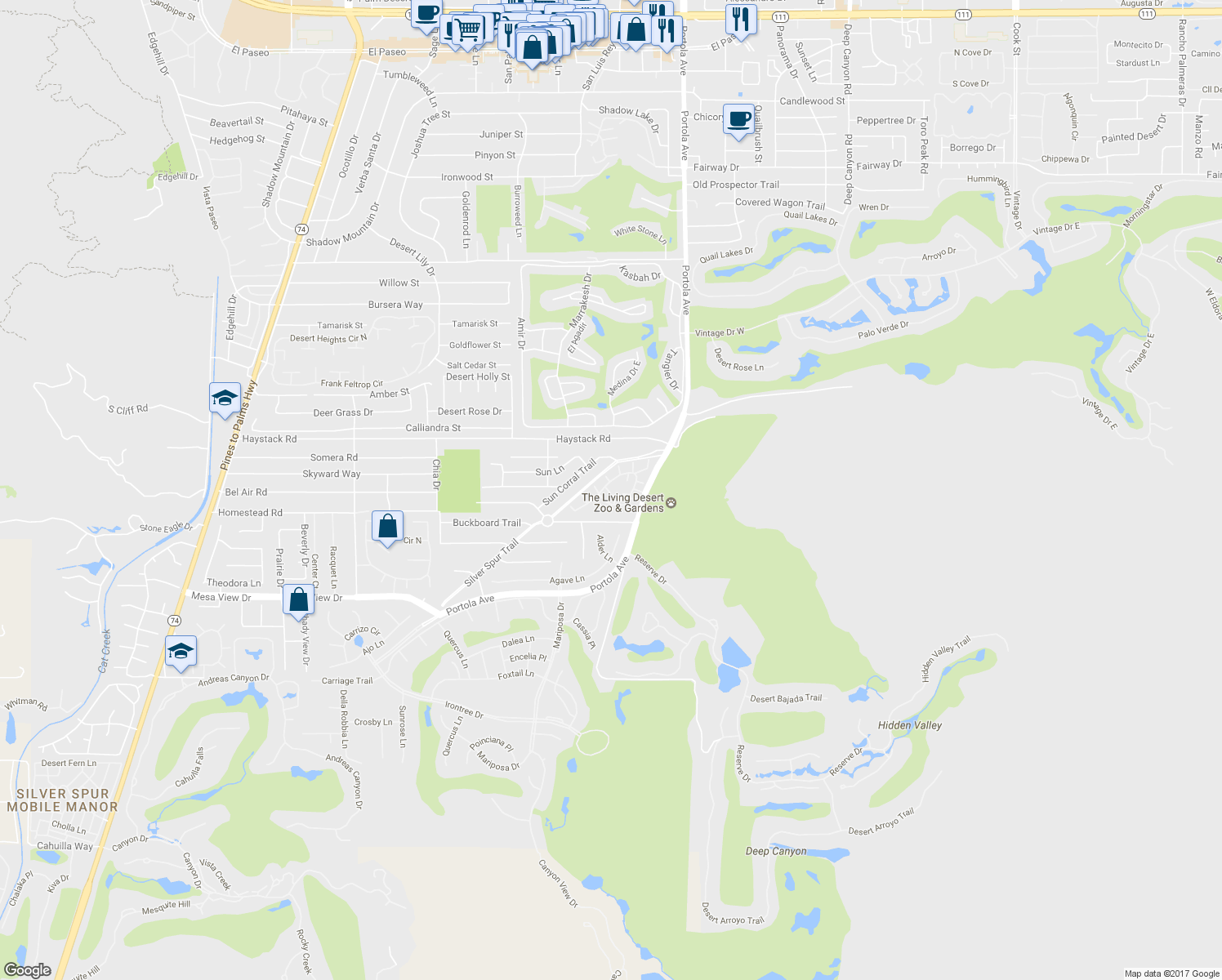 map of restaurants, bars, coffee shops, grocery stores, and more near 73746 Manzanita Court in Palm Desert