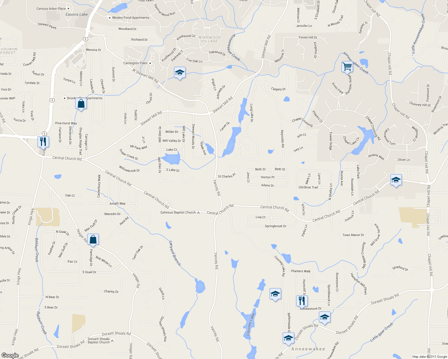 map of restaurants, bars, coffee shops, grocery stores, and more near 5191 Saint Charles Place in Douglasville