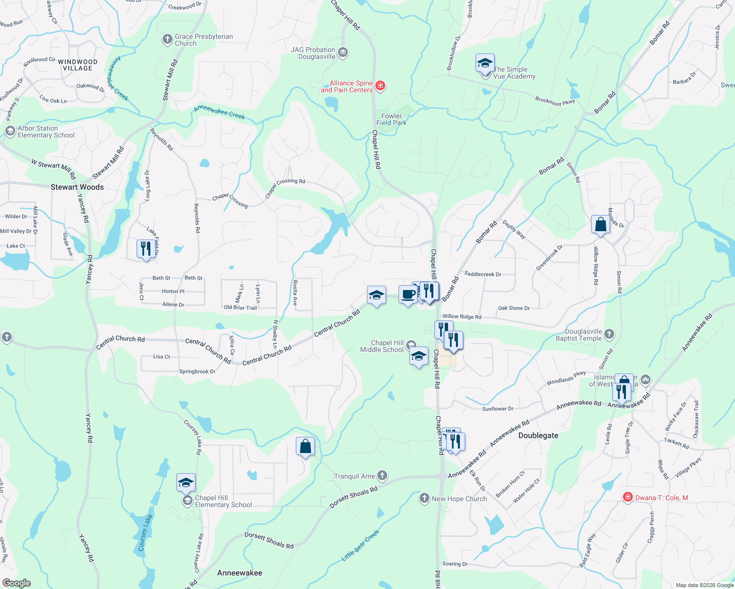map of restaurants, bars, coffee shops, grocery stores, and more near 1240 Brentwood Court in Douglasville
