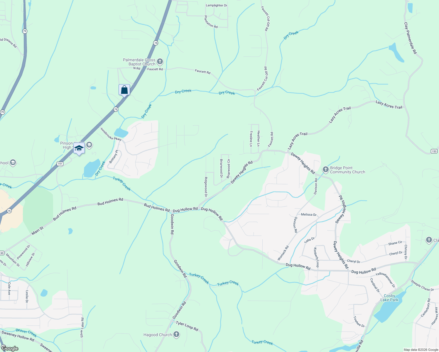 map of restaurants, bars, coffee shops, grocery stores, and more near 6807 Briarwood Drive in Pinson