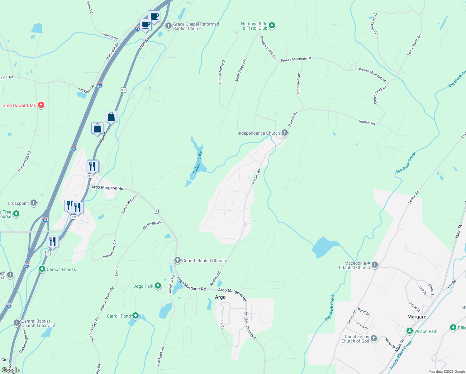 map of restaurants, bars, coffee shops, grocery stores, and more near 143 Laurel Oak Lane in Odenville
