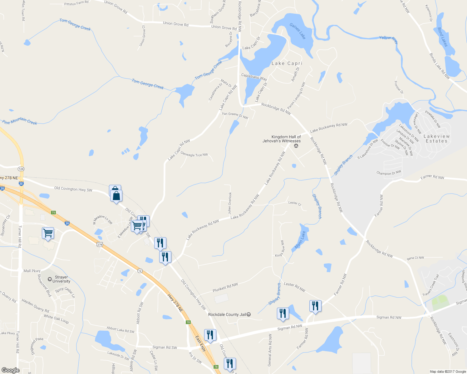 map of restaurants, bars, coffee shops, grocery stores, and more near 2135 Julien Overlook in Conyers