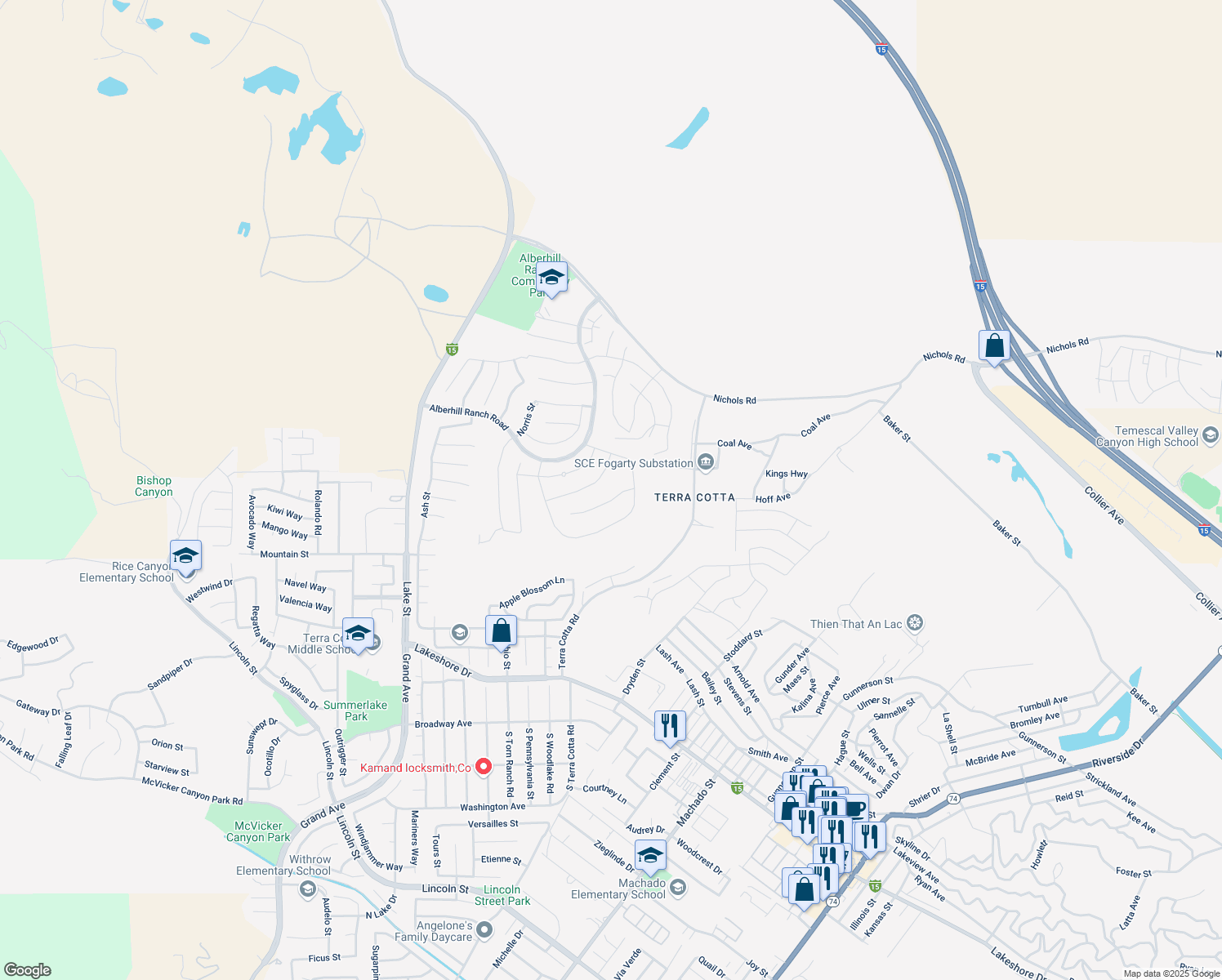 map of restaurants, bars, coffee shops, grocery stores, and more near 4074 Madonna Circle in Lake Elsinore