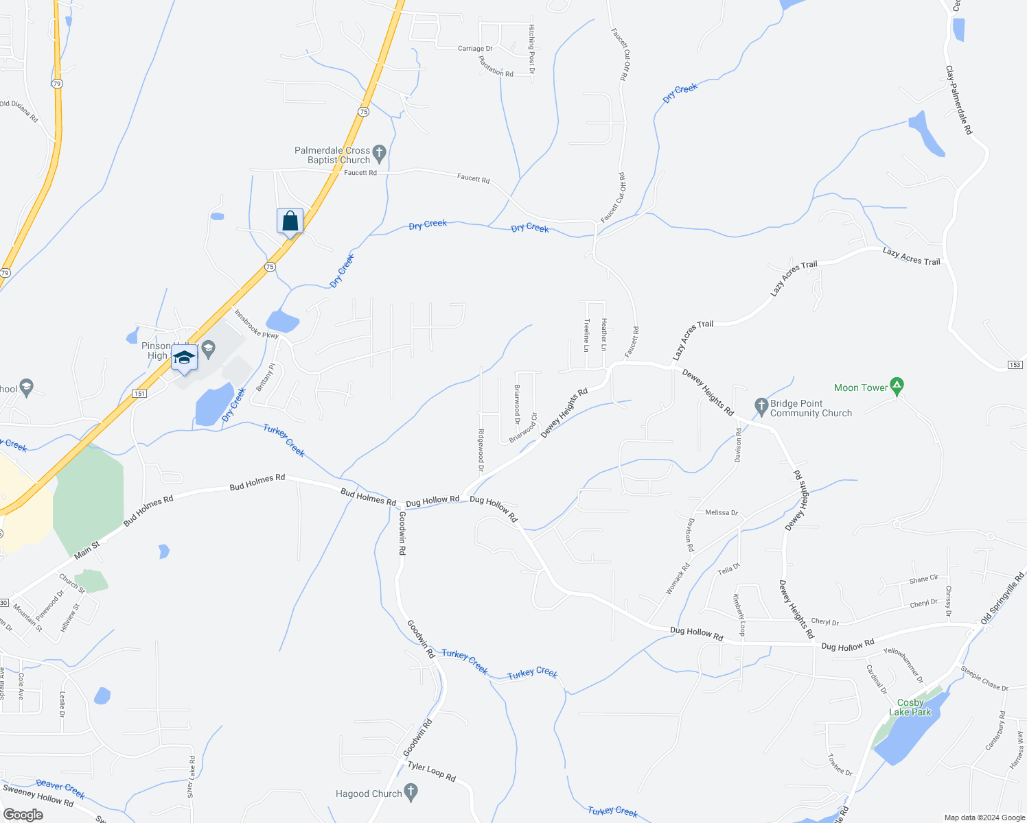 map of restaurants, bars, coffee shops, grocery stores, and more near 6840 Briarwood Drive in Pinson