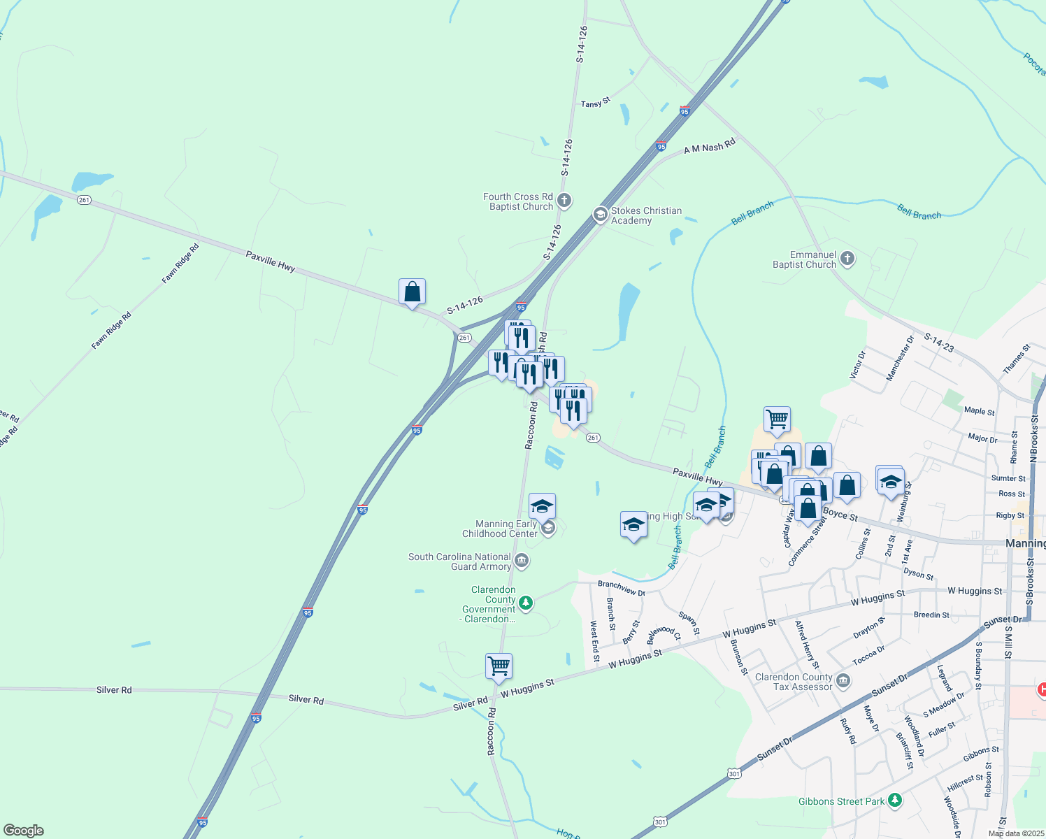 map of restaurants, bars, coffee shops, grocery stores, and more near 2284 Raccoon Road in Manning