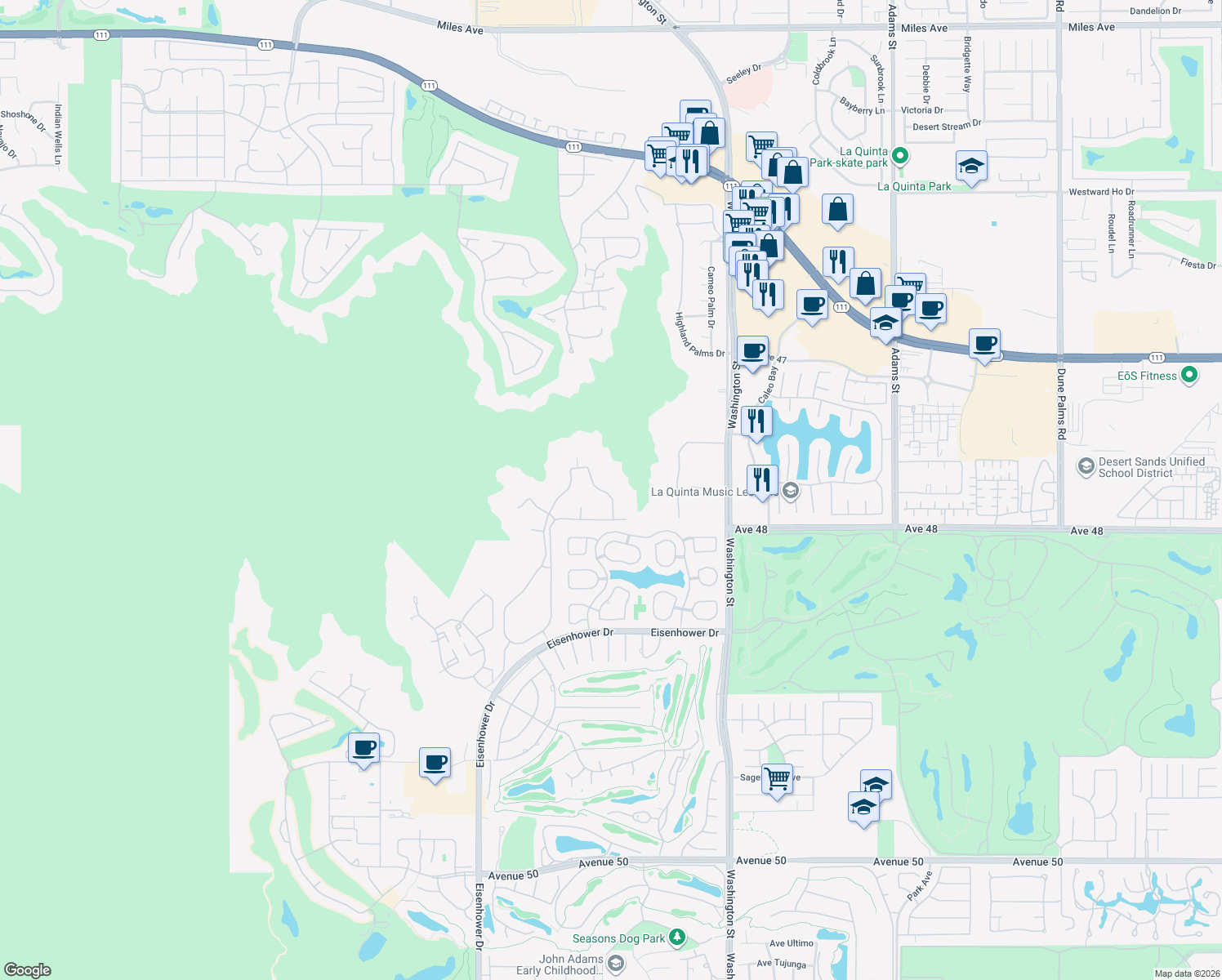 map of restaurants, bars, coffee shops, grocery stores, and more near 47750 Wind Spirit Drive in La Quinta