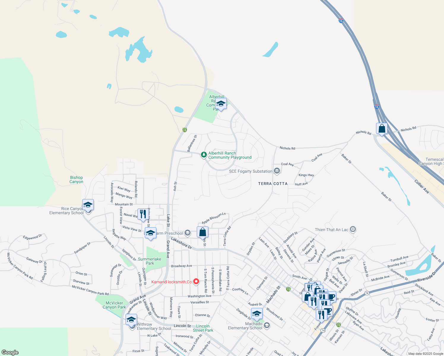 map of restaurants, bars, coffee shops, grocery stores, and more near 4317 Gina Lynne Lane in Lake Elsinore