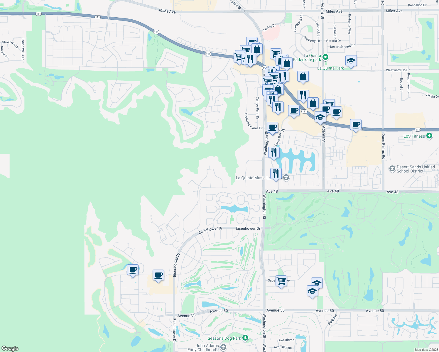 map of restaurants, bars, coffee shops, grocery stores, and more near 47750 Wind Spirit Drive in La Quinta