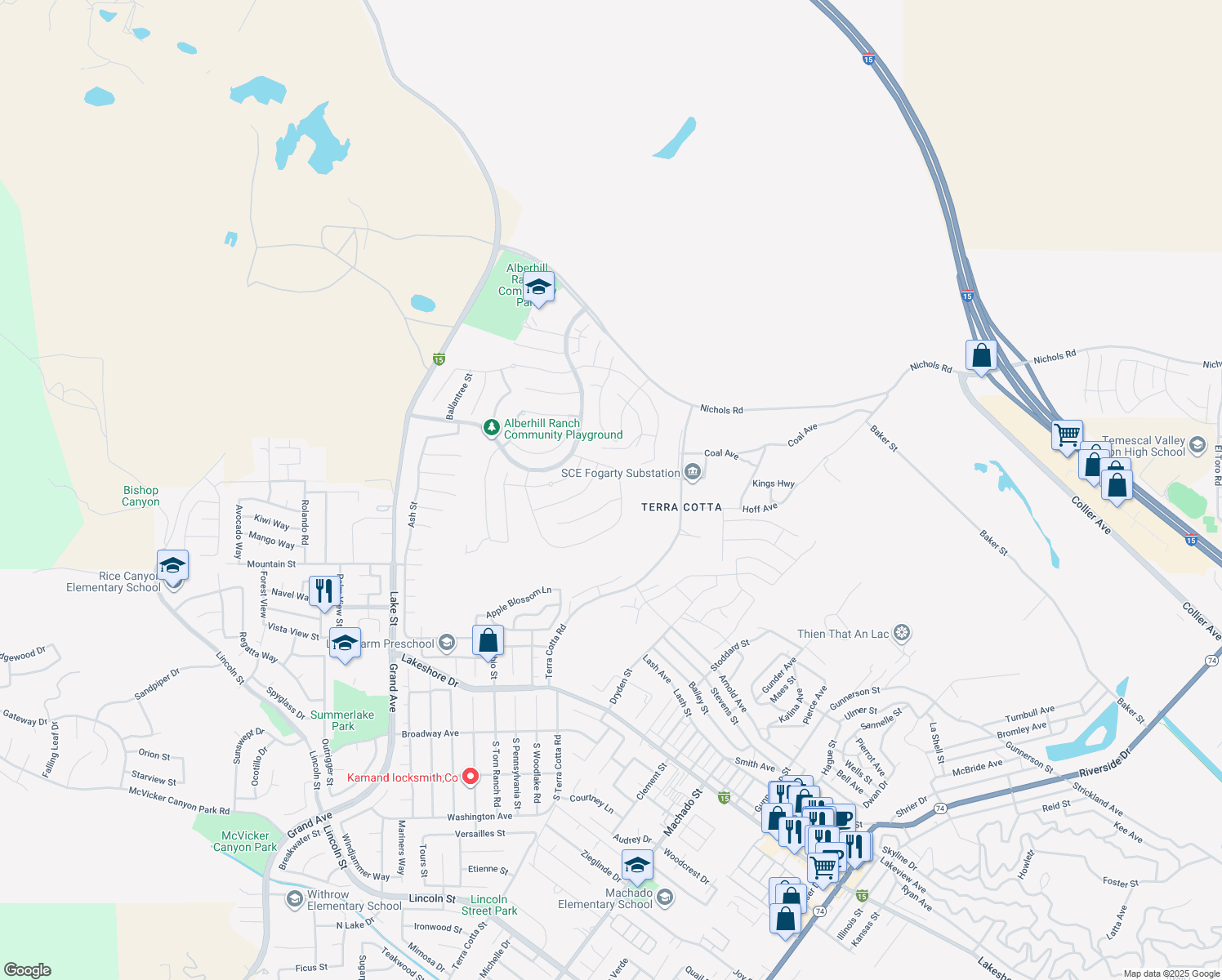 map of restaurants, bars, coffee shops, grocery stores, and more near 4081 Hudson Lane in Lake Elsinore