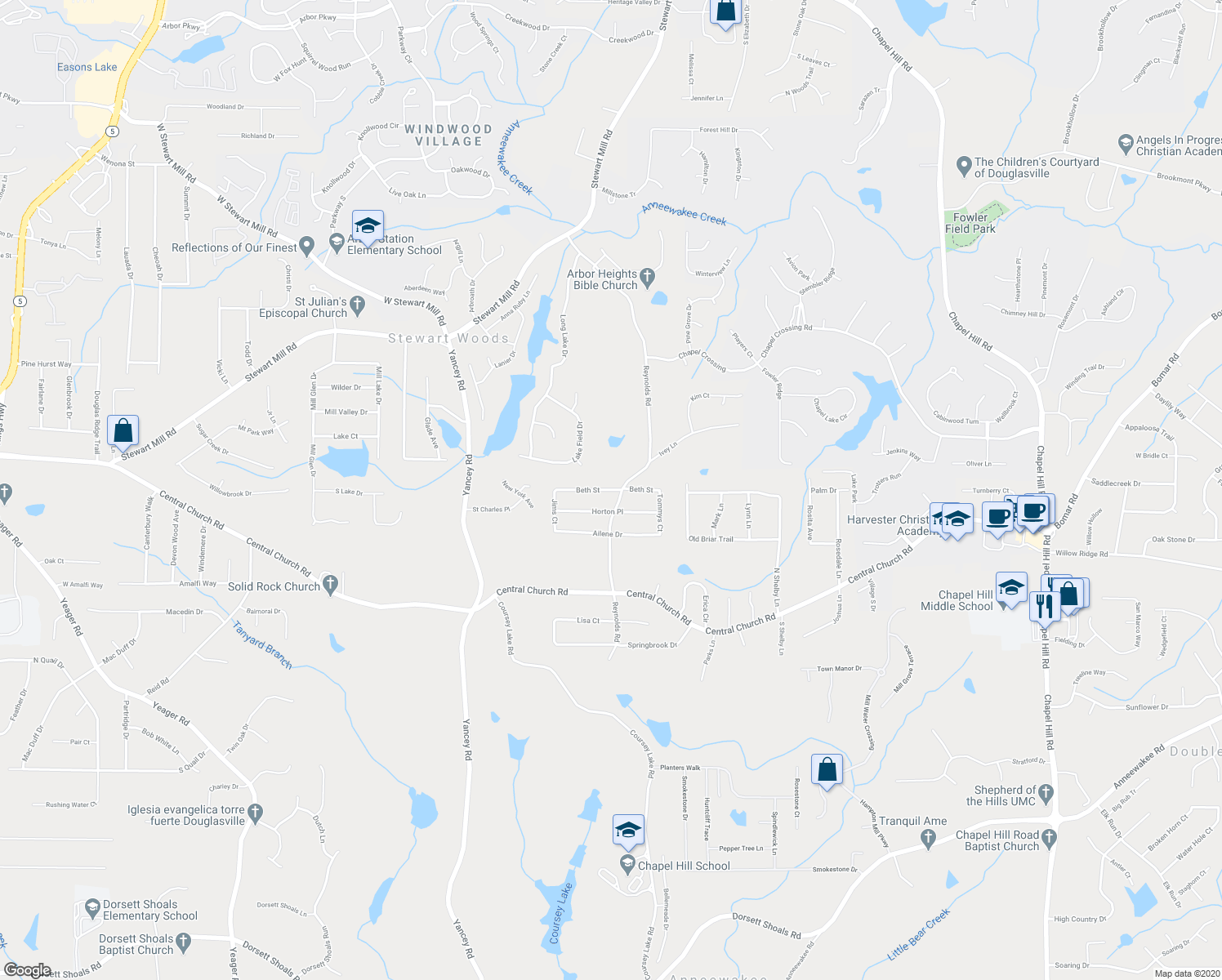 map of restaurants, bars, coffee shops, grocery stores, and more near 5012 Beth Street in Douglasville