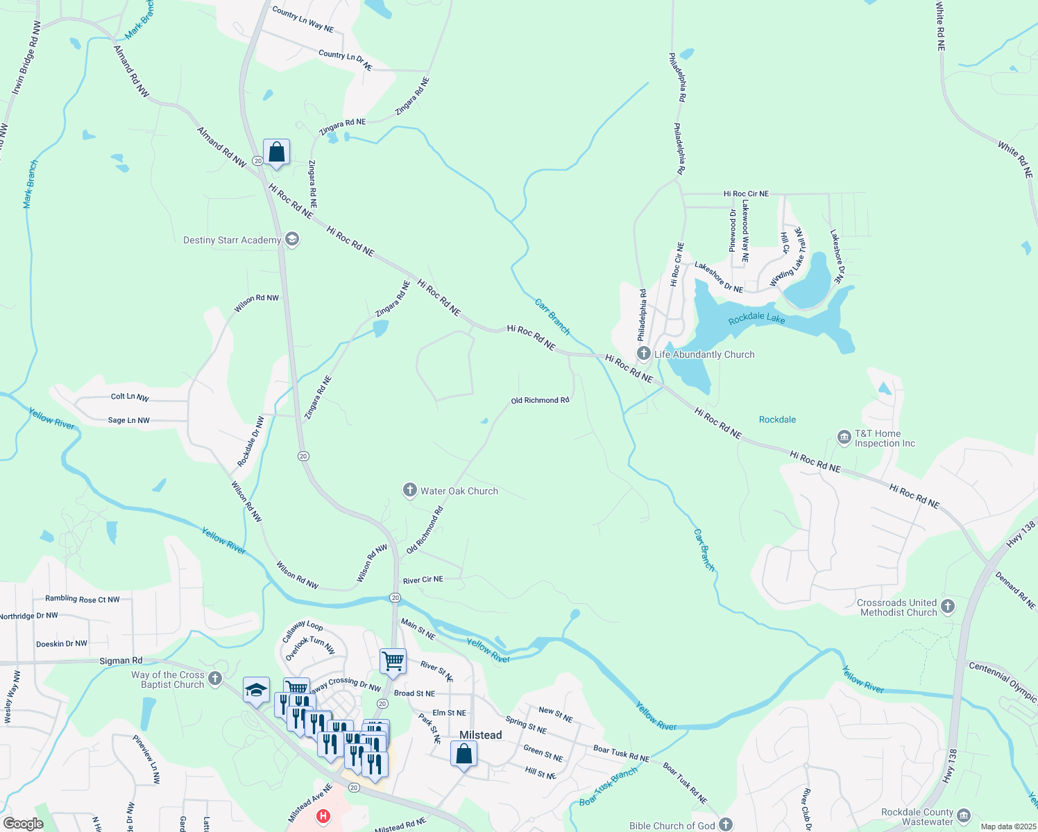 map of restaurants, bars, coffee shops, grocery stores, and more near 2241 Carr Road Northeast in Conyers