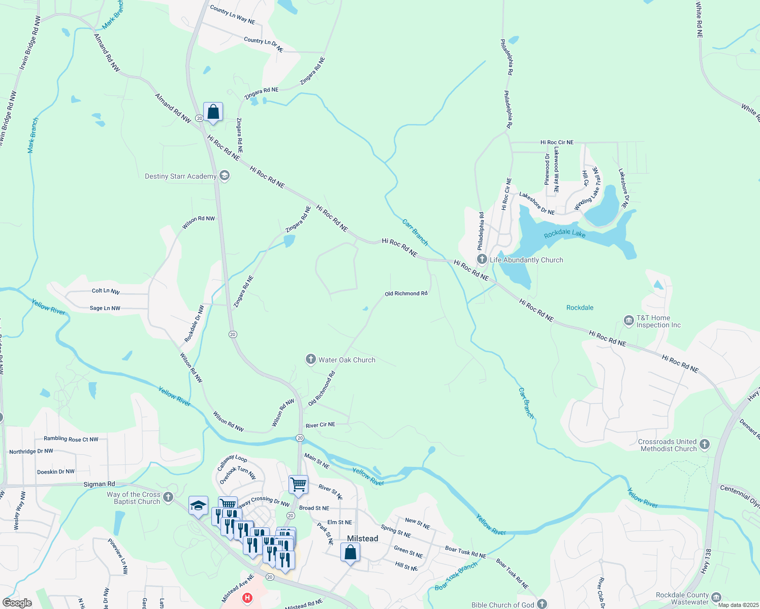 map of restaurants, bars, coffee shops, grocery stores, and more near 2231 Carr Road Northeast in Conyers