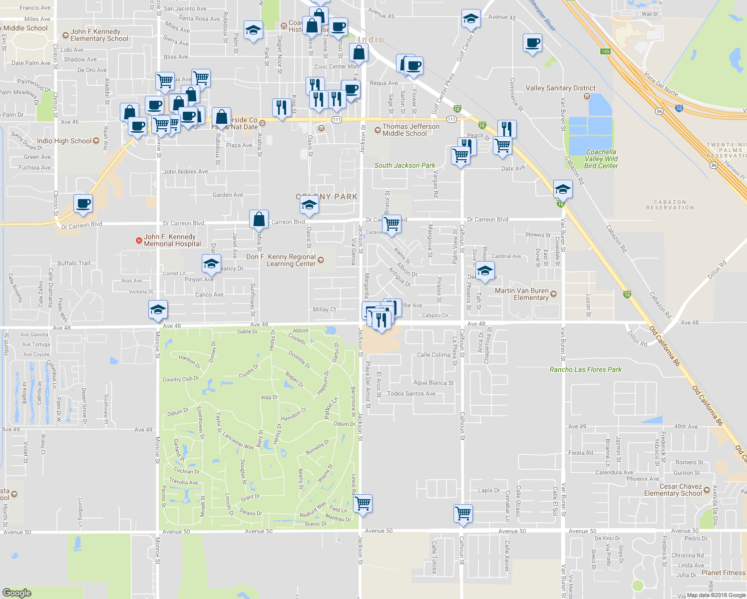 map of restaurants, bars, coffee shops, grocery stores, and more near 47750 Mirage Way in Indio
