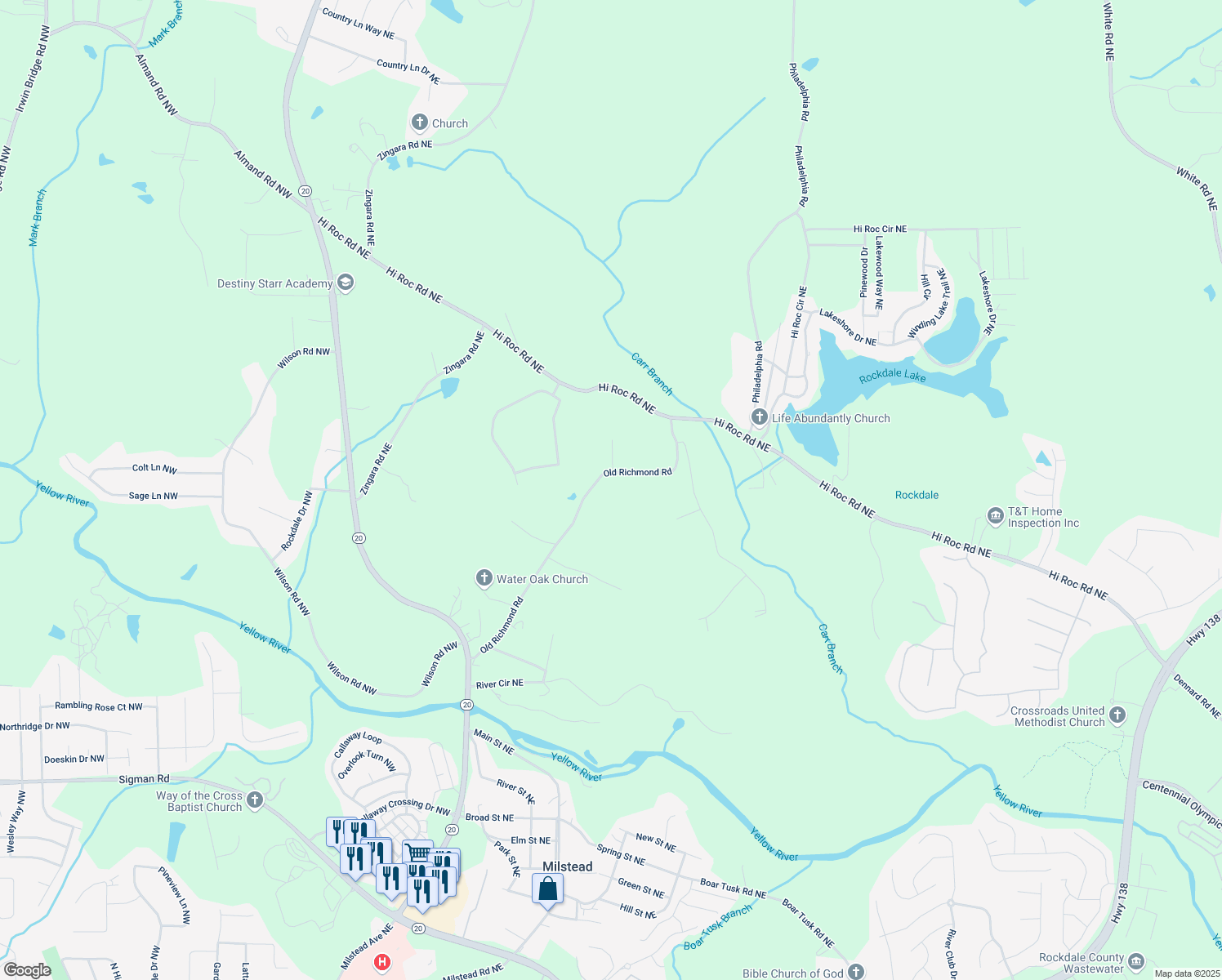 map of restaurants, bars, coffee shops, grocery stores, and more near 2241 Carr Road Northeast in Conyers
