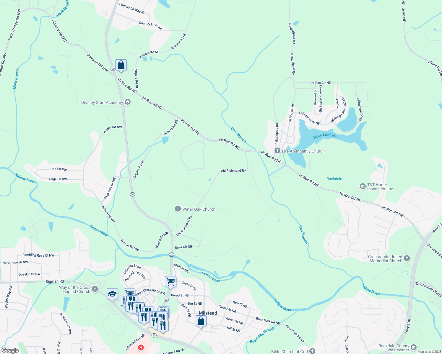map of restaurants, bars, coffee shops, grocery stores, and more near 2231 Carr Road Northeast in Conyers
