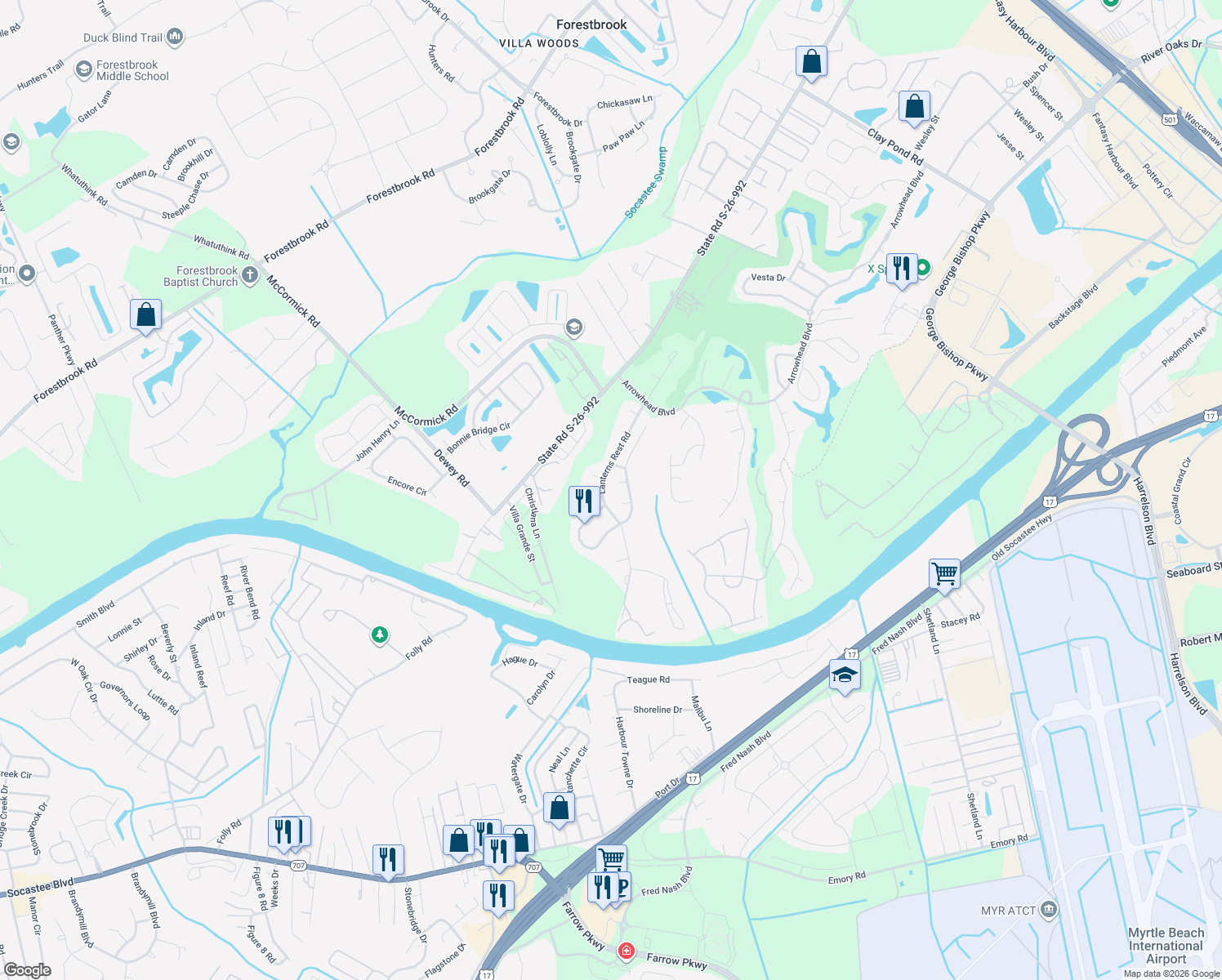 map of restaurants, bars, coffee shops, grocery stores, and more near 1307 Battleway Court in Myrtle Beach