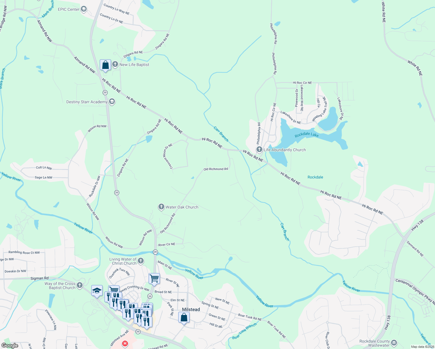 map of restaurants, bars, coffee shops, grocery stores, and more near 2291 Carr Road Northeast in Conyers