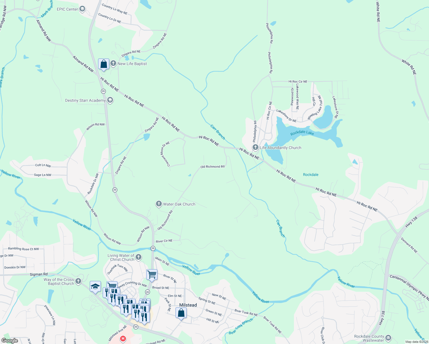 map of restaurants, bars, coffee shops, grocery stores, and more near 2291 Carr Road Northeast in Conyers
