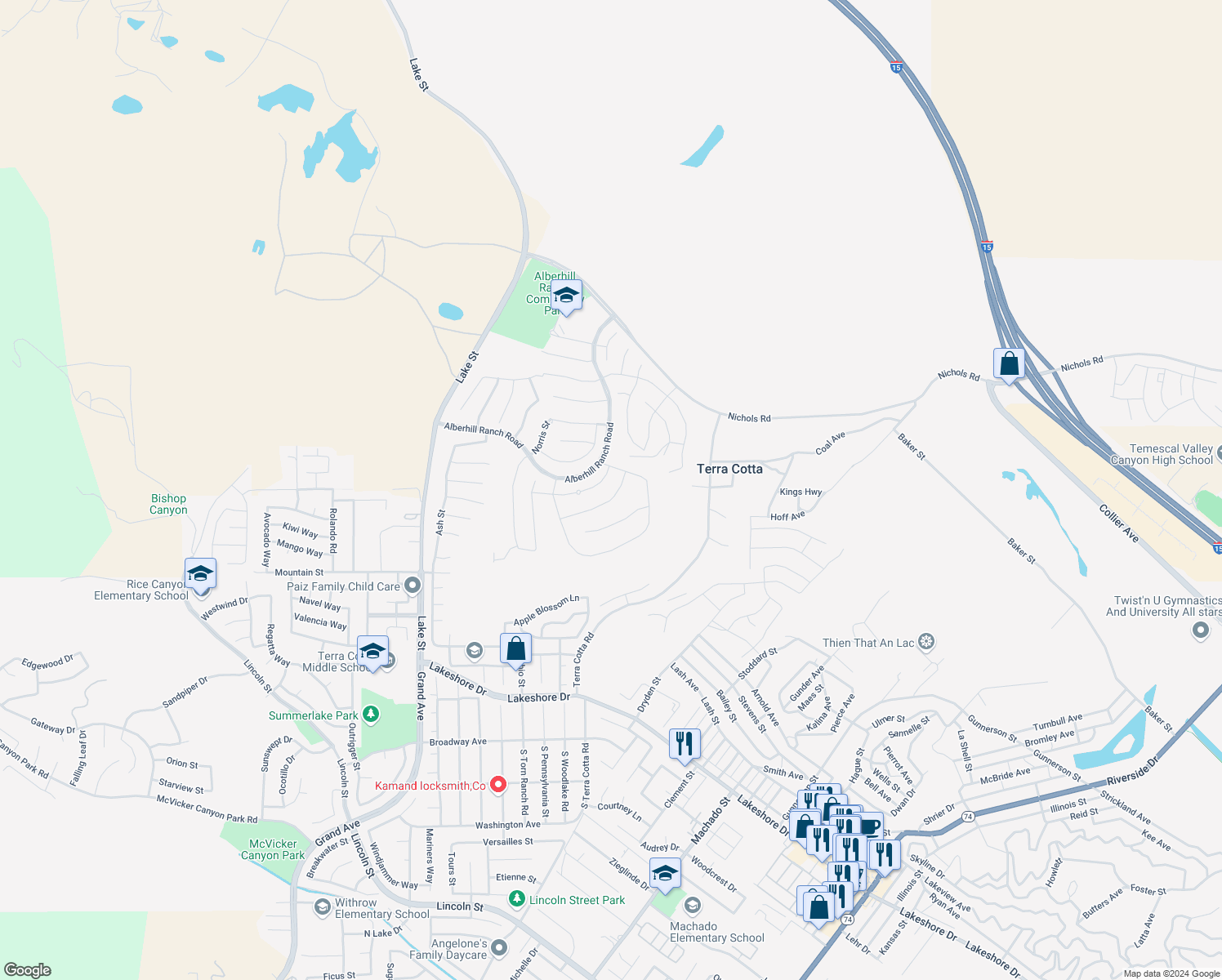 map of restaurants, bars, coffee shops, grocery stores, and more near 4172 Larchwood Lane in Lake Elsinore