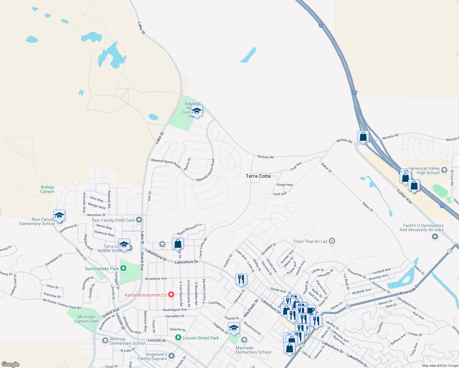 map of restaurants, bars, coffee shops, grocery stores, and more near 3913 Hudson Lane in Lake Elsinore