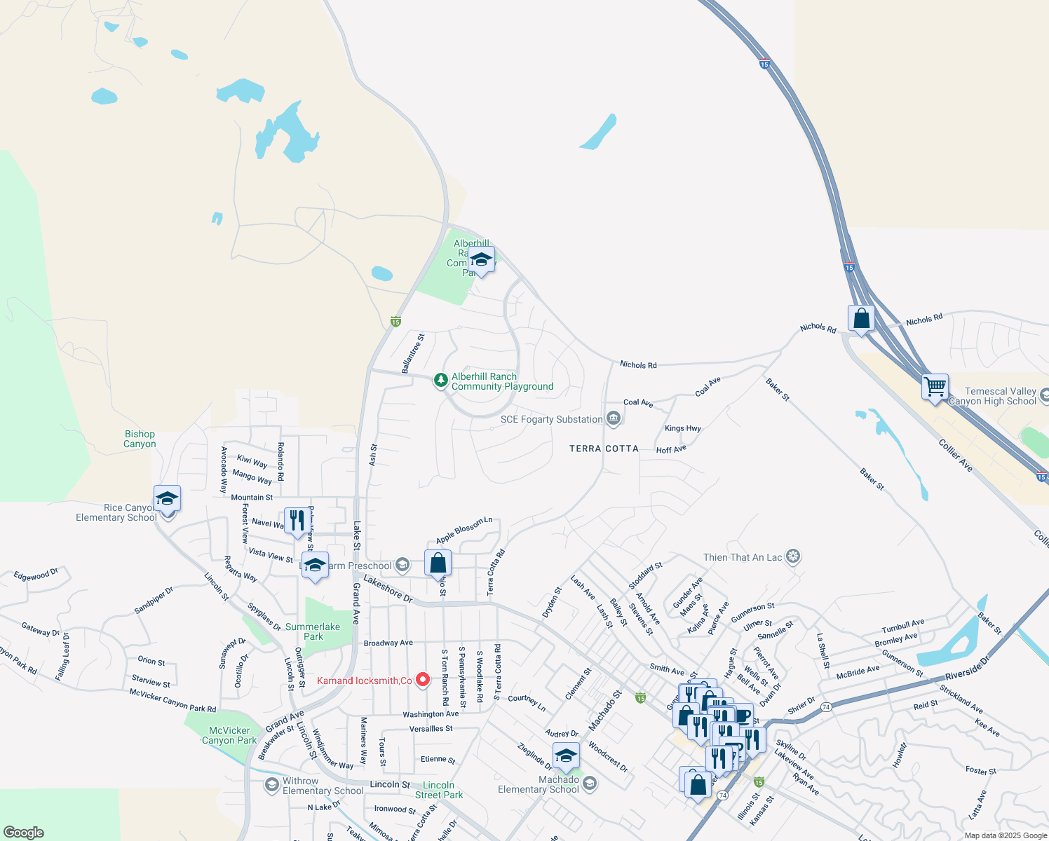 map of restaurants, bars, coffee shops, grocery stores, and more near 4164 Larchwood Lane in Lake Elsinore