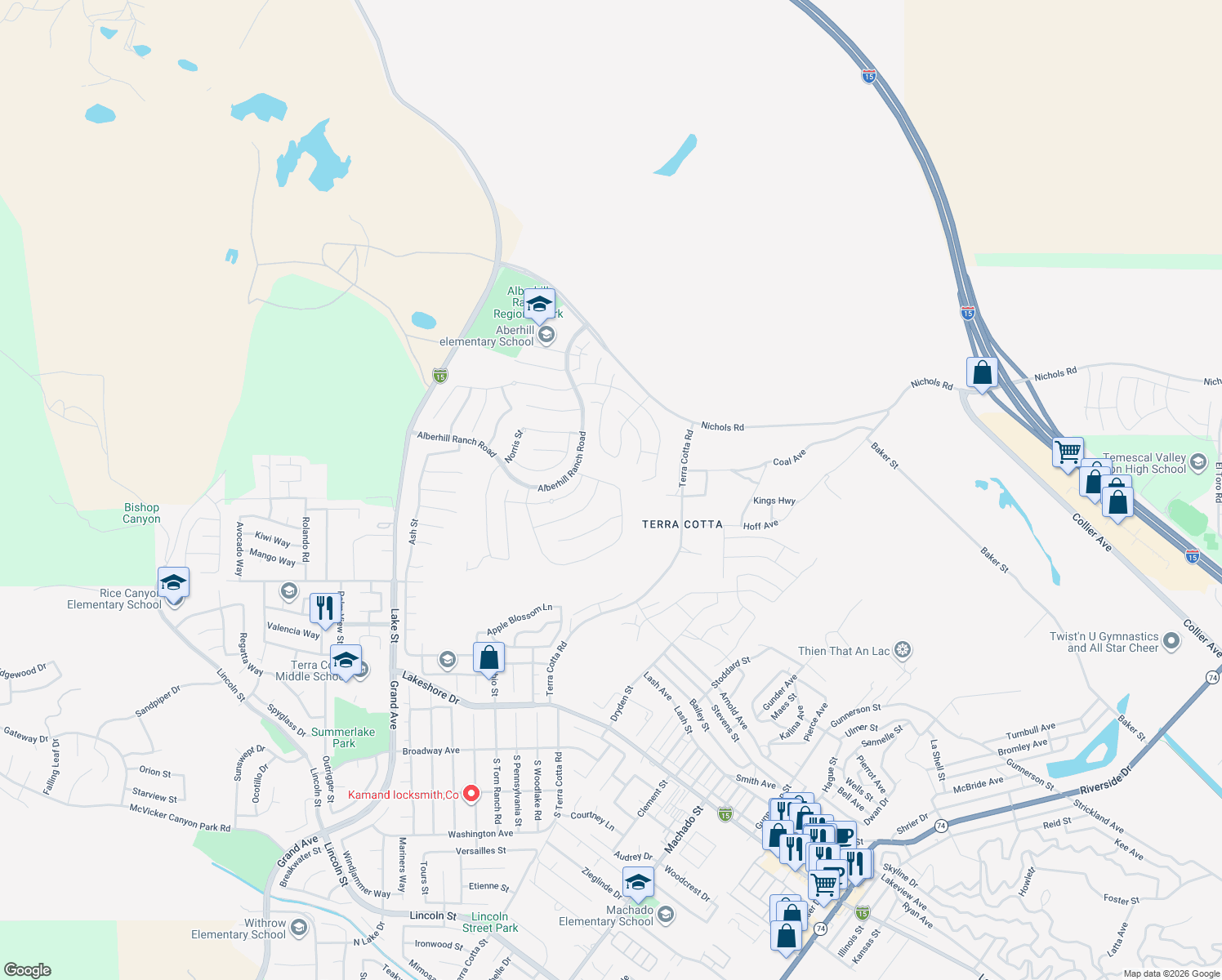 map of restaurants, bars, coffee shops, grocery stores, and more near 3904 Hudson Lane in Lake Elsinore