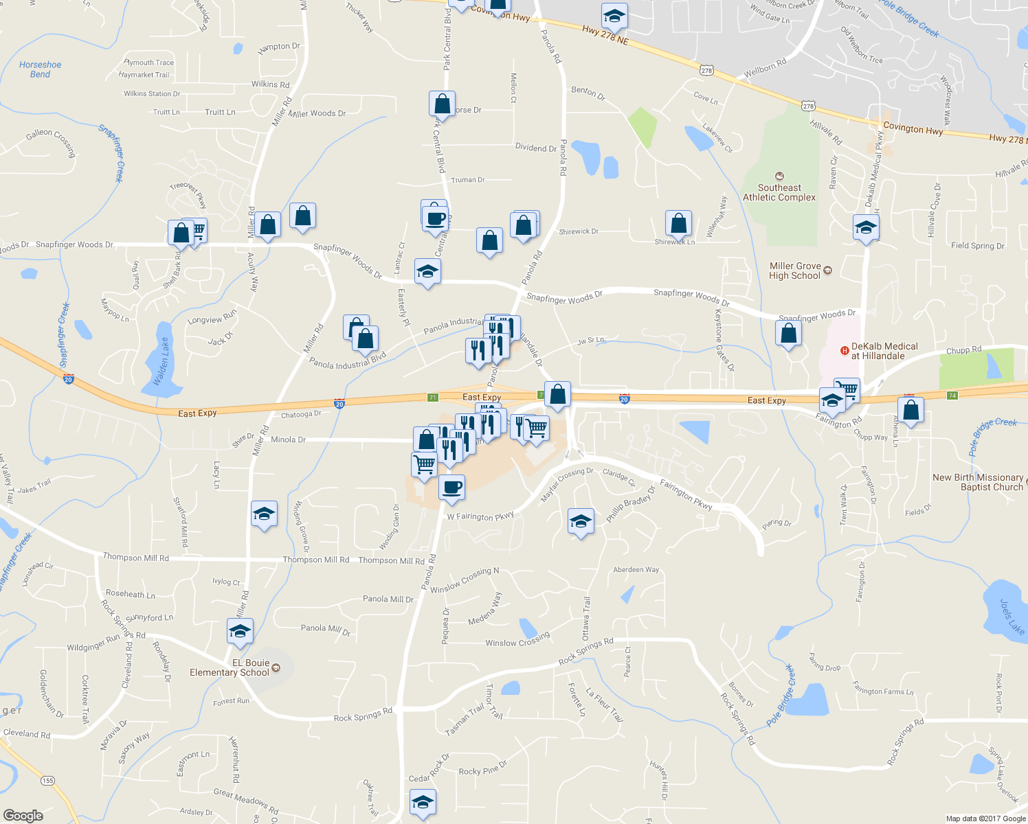 map of restaurants, bars, coffee shops, grocery stores, and more near 5415 Fairington Road in Lithonia