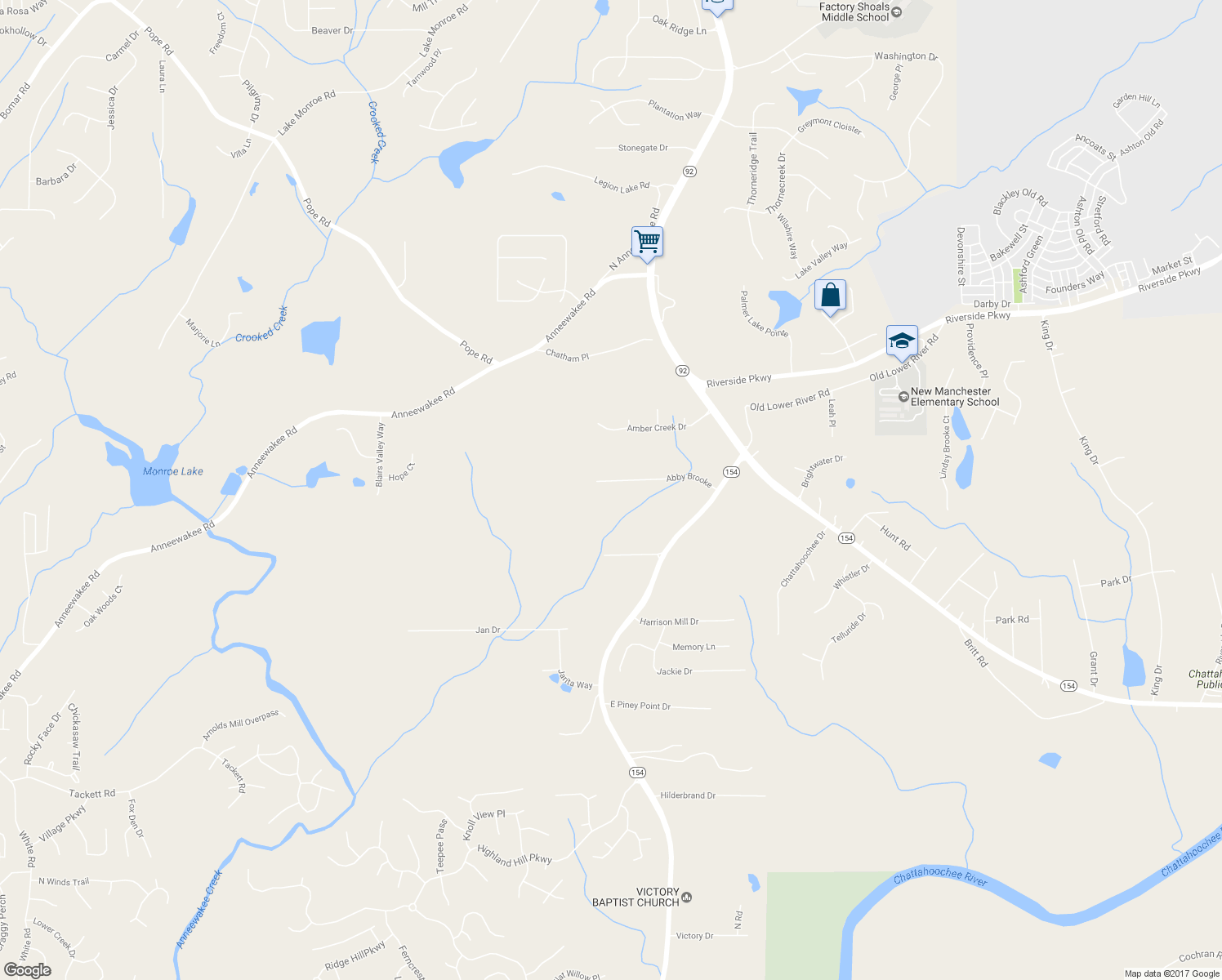map of restaurants, bars, coffee shops, grocery stores, and more near 2767 Abby Brooke in Douglasville