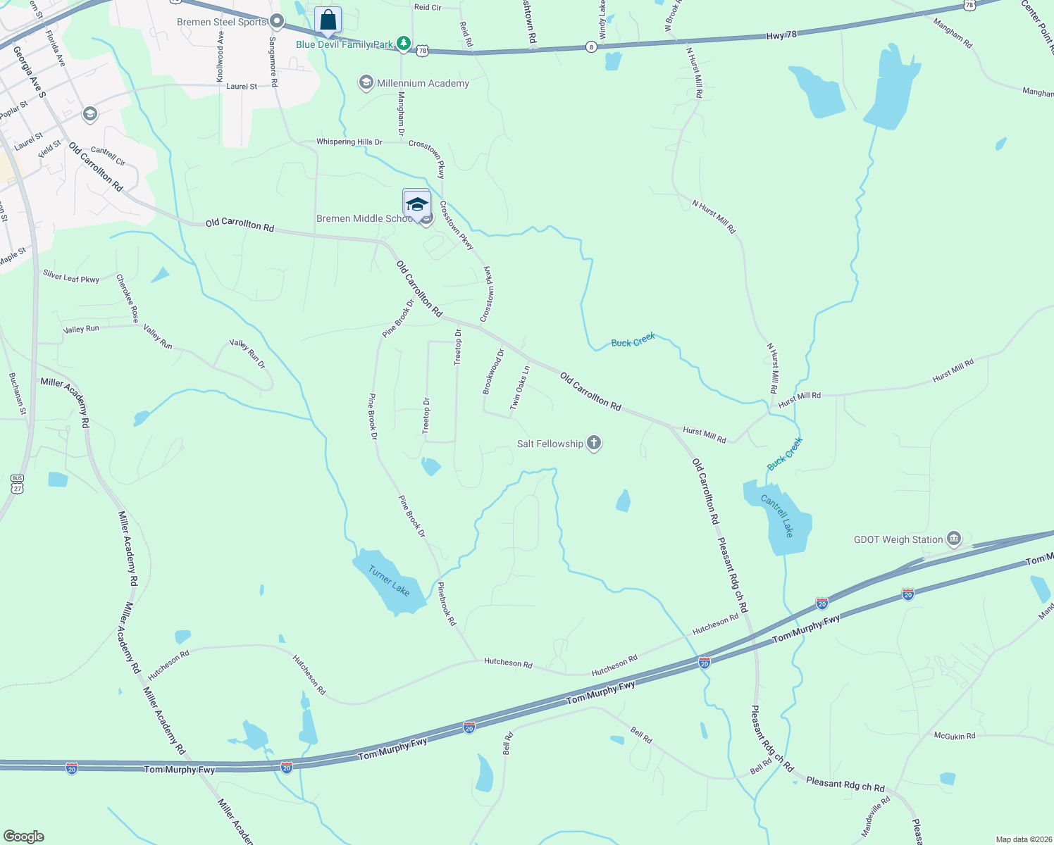 map of restaurants, bars, coffee shops, grocery stores, and more near 80 Oak Ridge Way in Bremen