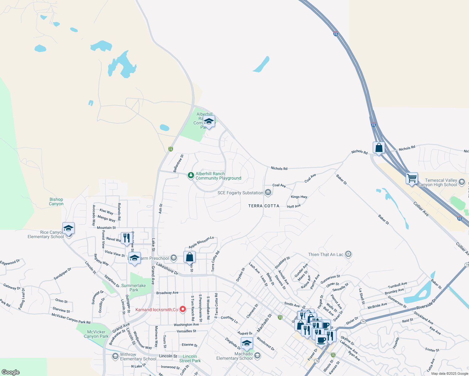 map of restaurants, bars, coffee shops, grocery stores, and more near 4142 Merrifield Street in Lake Elsinore