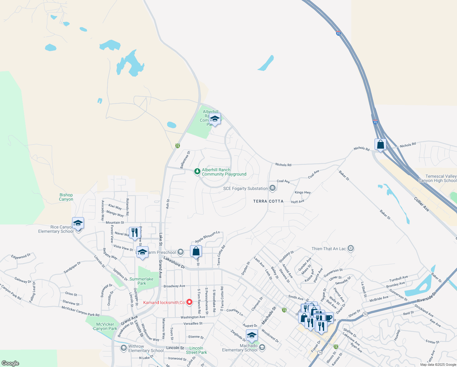 map of restaurants, bars, coffee shops, grocery stores, and more near 4266 Gina Lynne Lane in Lake Elsinore