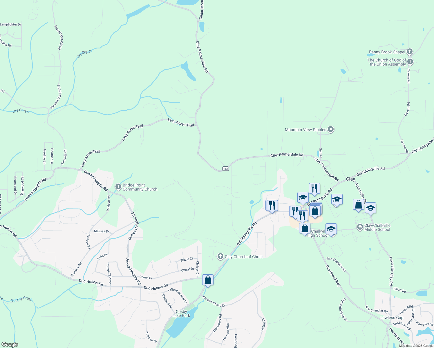 map of restaurants, bars, coffee shops, grocery stores, and more near 6090 Clay-Palmerdale Road in Pinson