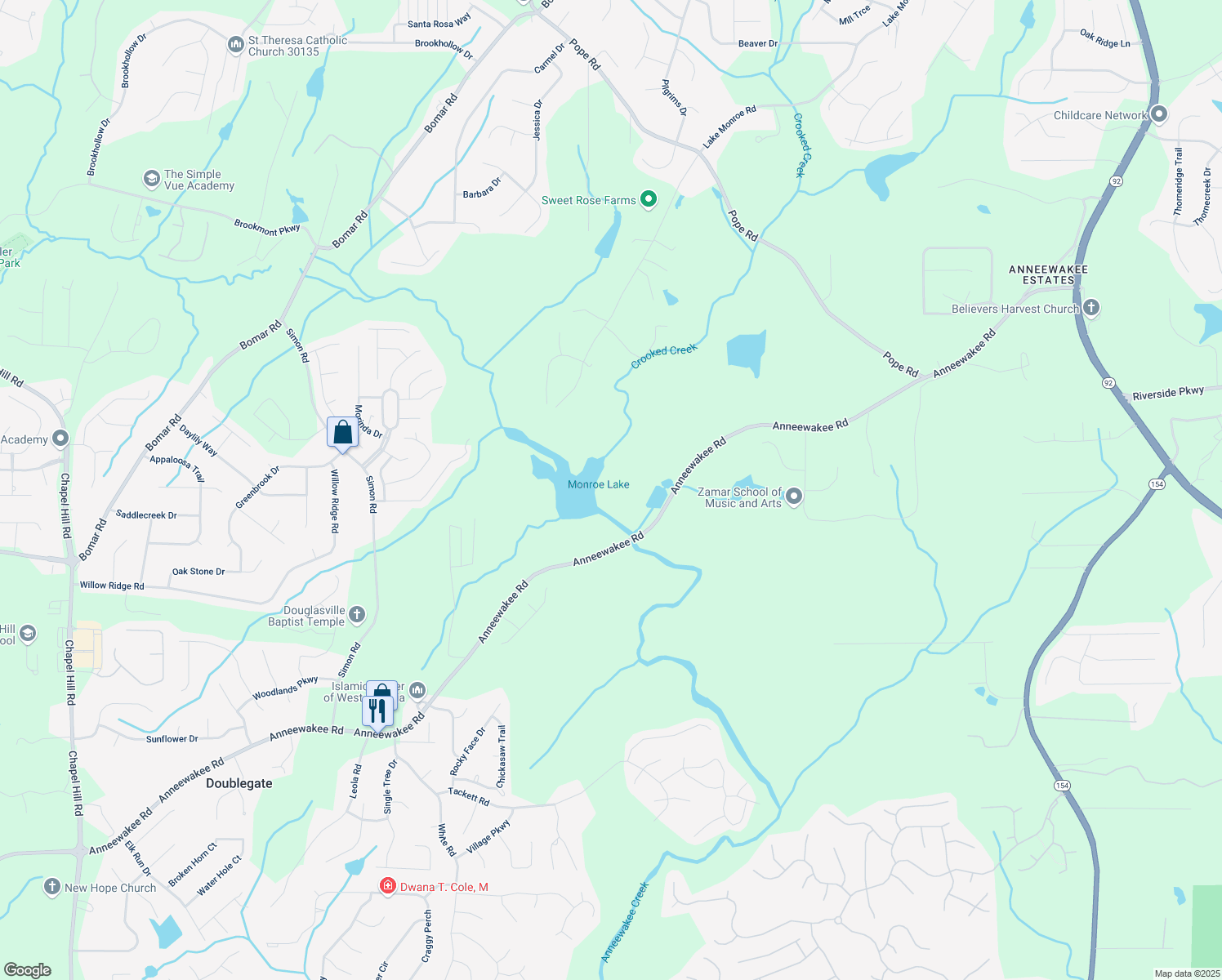 map of restaurants, bars, coffee shops, grocery stores, and more near 3781 Anneewakee Road in Douglasville