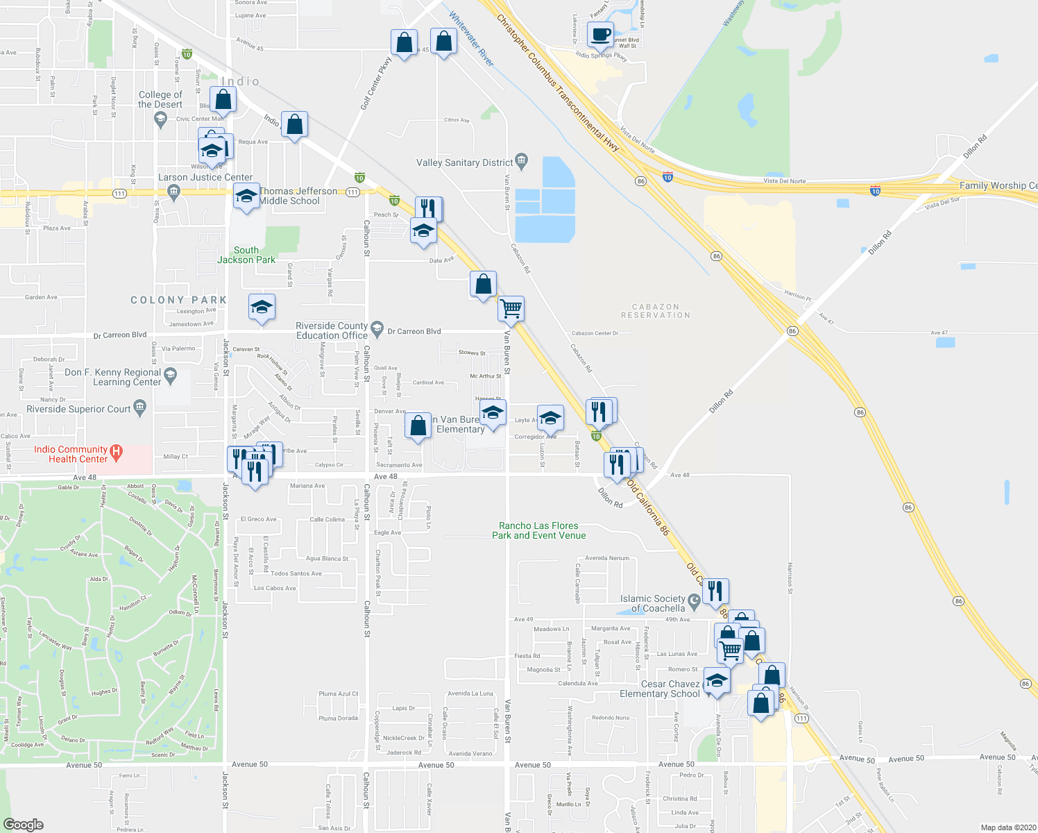 map of restaurants, bars, coffee shops, grocery stores, and more near 84038 Leyte Avenue in Indio