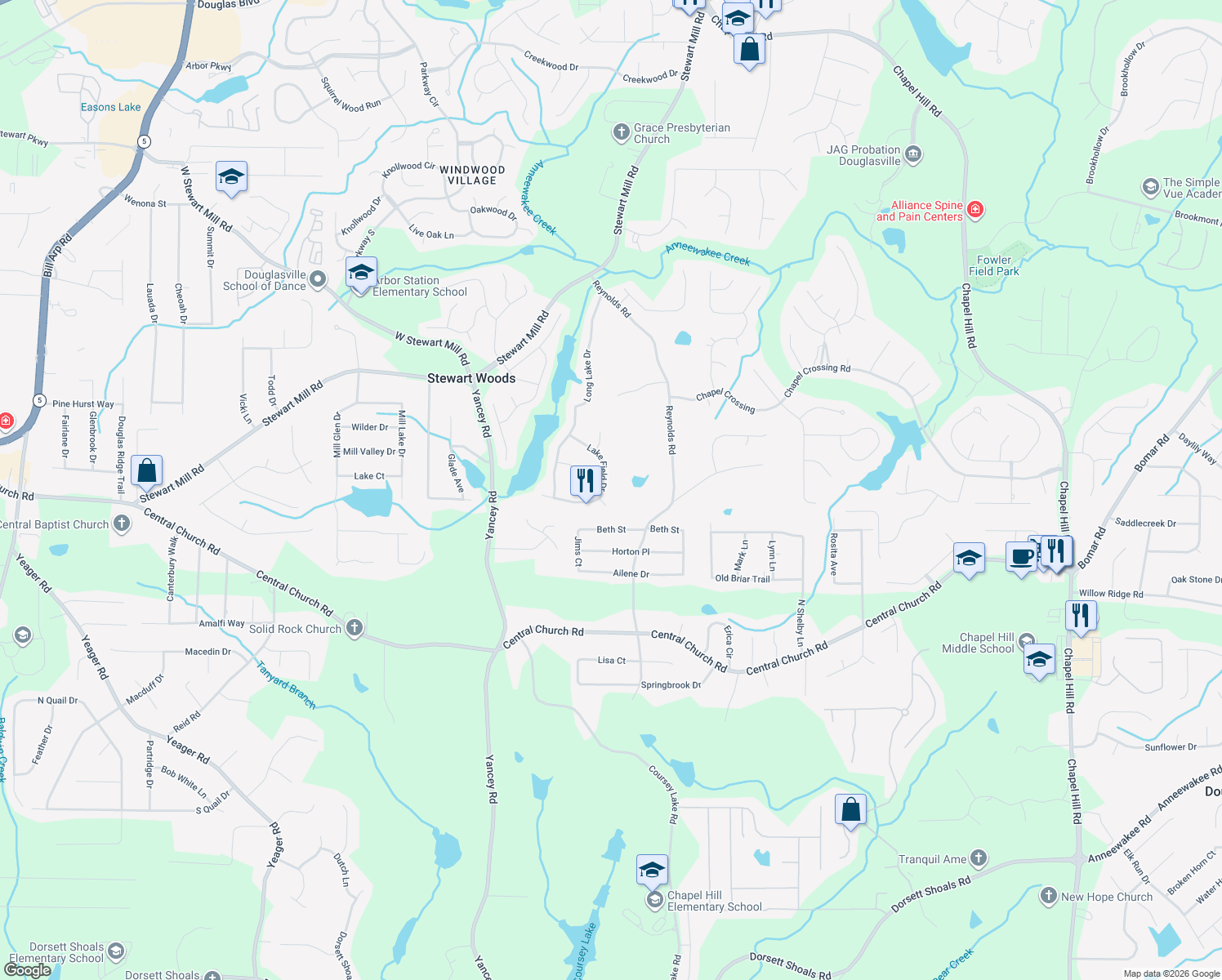 map of restaurants, bars, coffee shops, grocery stores, and more near 5060 Lake Field Dr in Douglasville