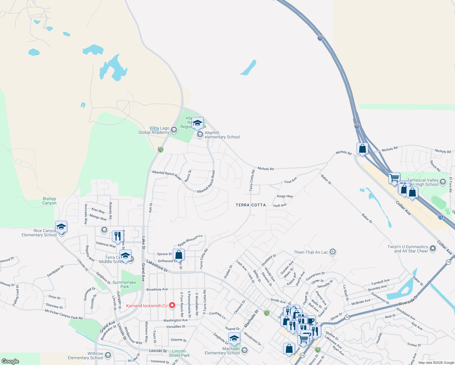 map of restaurants, bars, coffee shops, grocery stores, and more near 4264 Ladrillo Street in Lake Elsinore