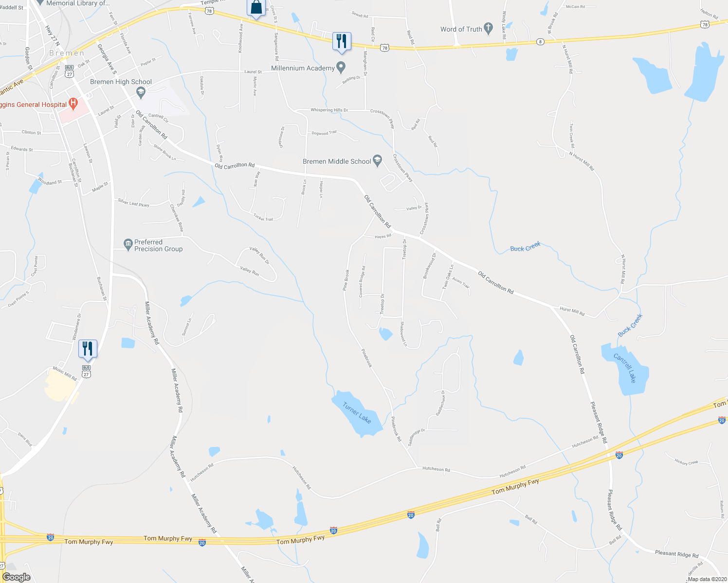 map of restaurants, bars, coffee shops, grocery stores, and more near 47 Covered Bridge Road in Bremen