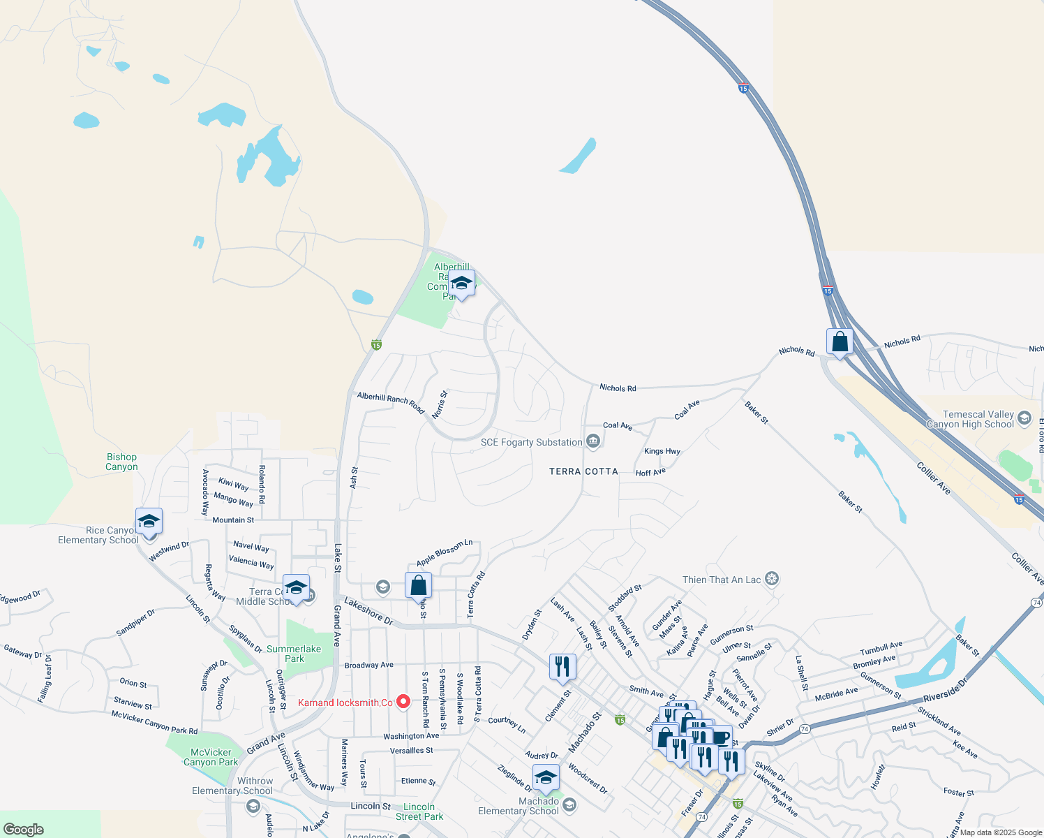 map of restaurants, bars, coffee shops, grocery stores, and more near 4165 Myrtle Street in Lake Elsinore